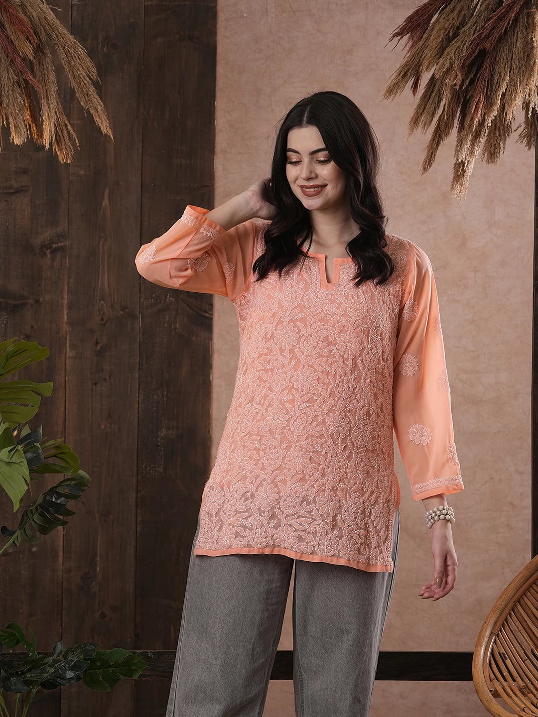 Ada Hand Embroidered Peach Georgette Lucknowi Chikankari Short Kurti A911228