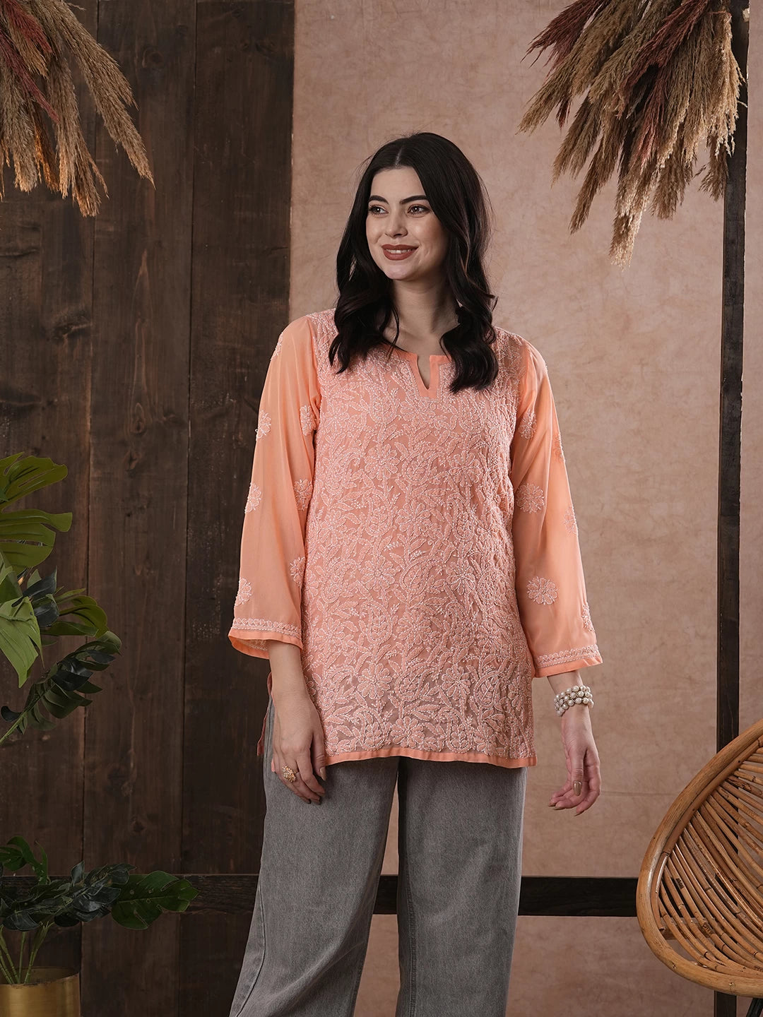 Ada Hand Embroidered Peach Georgette Lucknowi Chikankari Short Kurti A911228