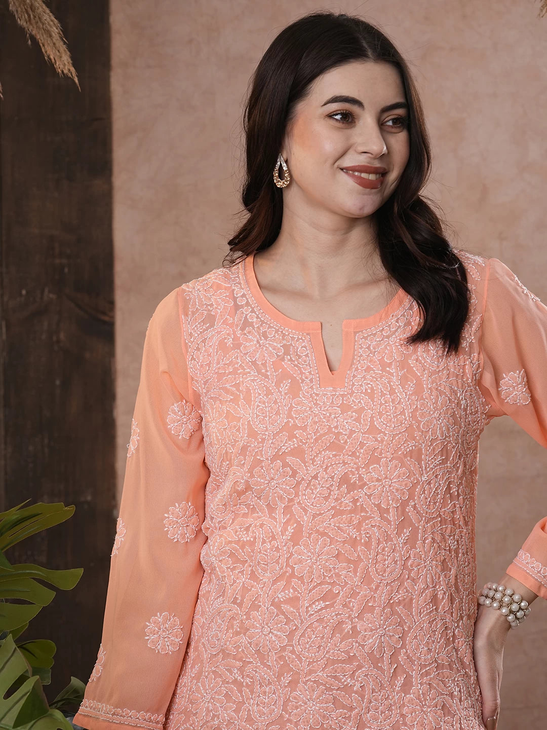 Ada Hand Embroidered Peach Georgette Lucknowi Chikankari Short Kurti A911228
