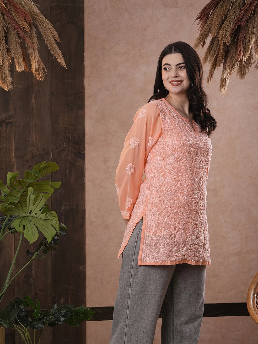 Ada Hand Embroidered Peach Georgette Lucknowi Chikankari Short Kurti A911228