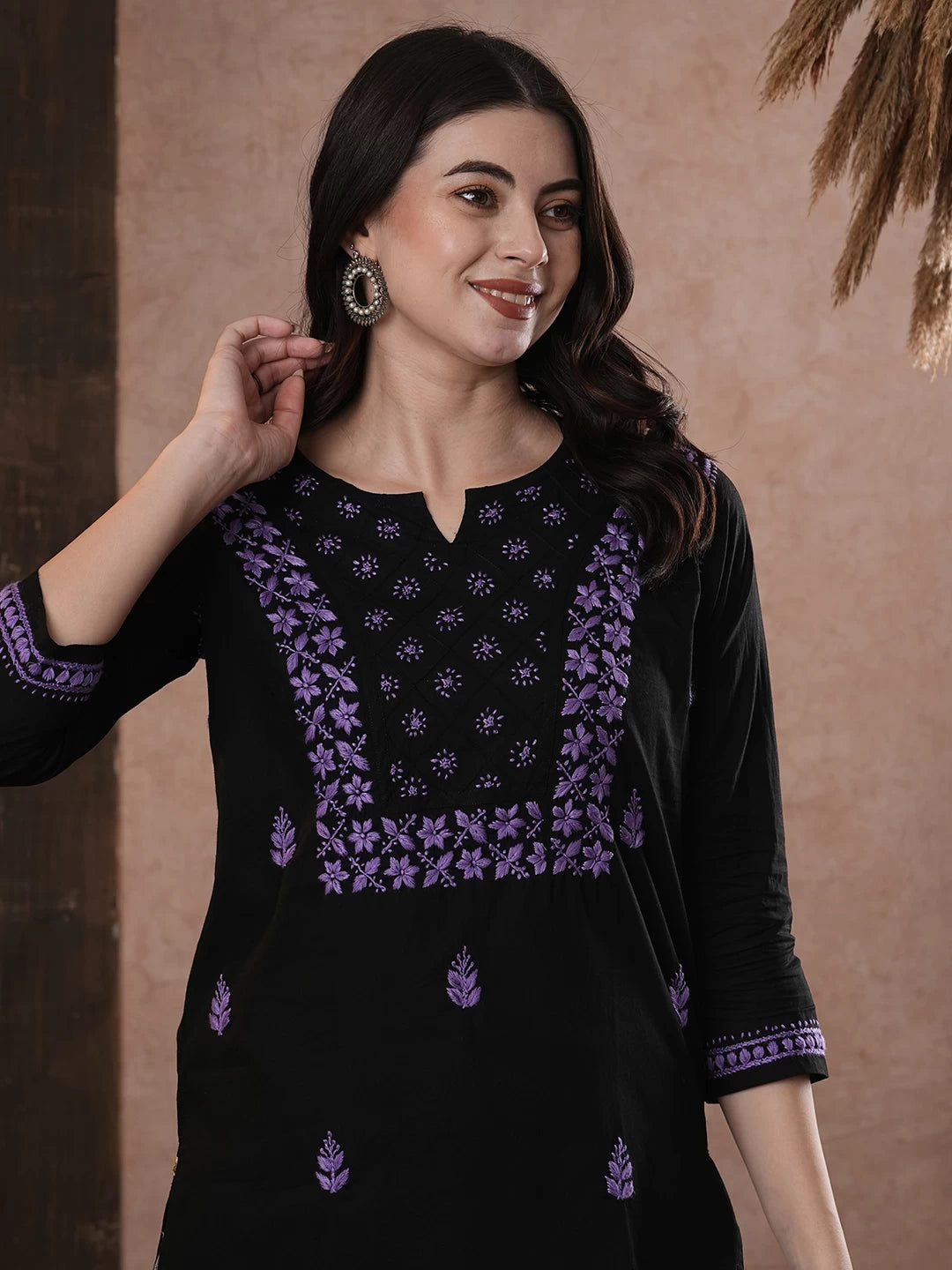 Ada Hand Embroidered Black Cotton Lucknowi Chikankari Straight Kurti A100556