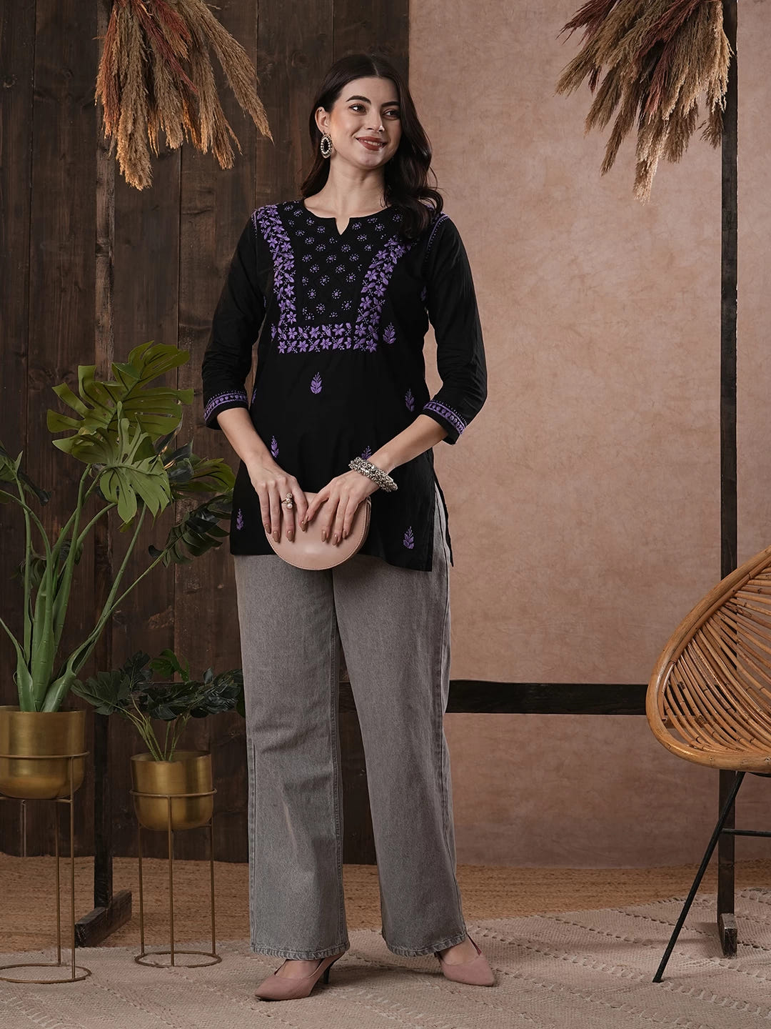 Ada Hand Embroidered Black Cotton Lucknowi Chikankari Straight Kurti A100556