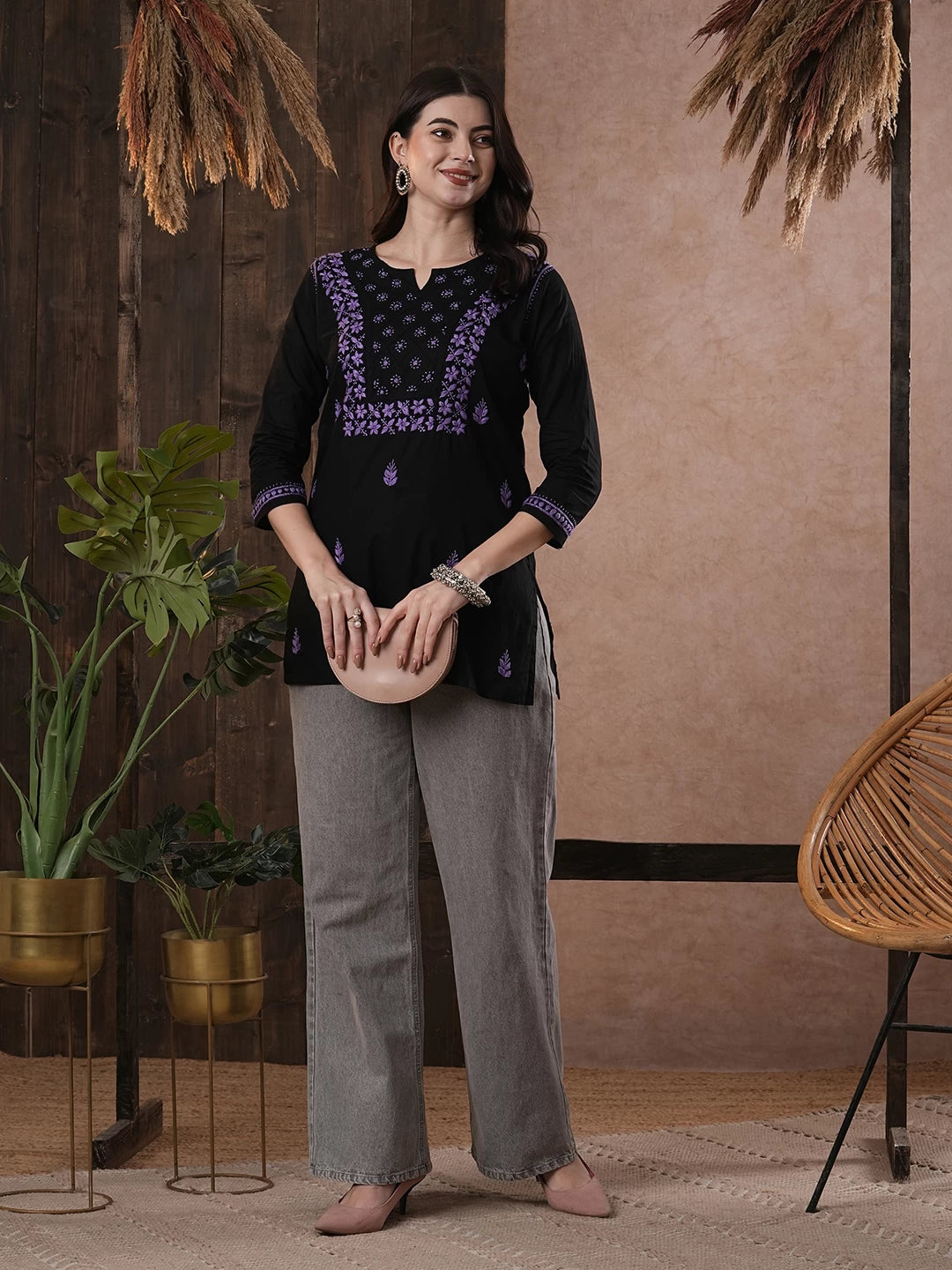 Ada Hand Embroidered Black Cotton Lucknowi Chikankari Straight Kurti A100556