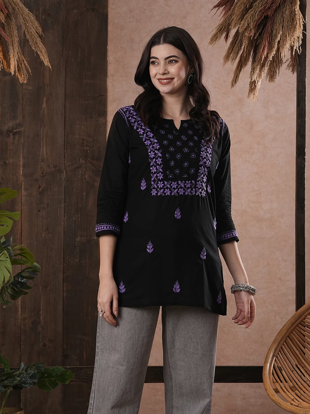 Ada Hand Embroidered Black Cotton Lucknowi Chikankari Straight Kurti A100556