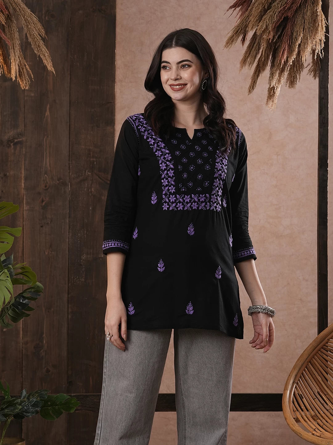 Ada Hand Embroidered Black Cotton Lucknowi Chikankari Straight Kurti A100556