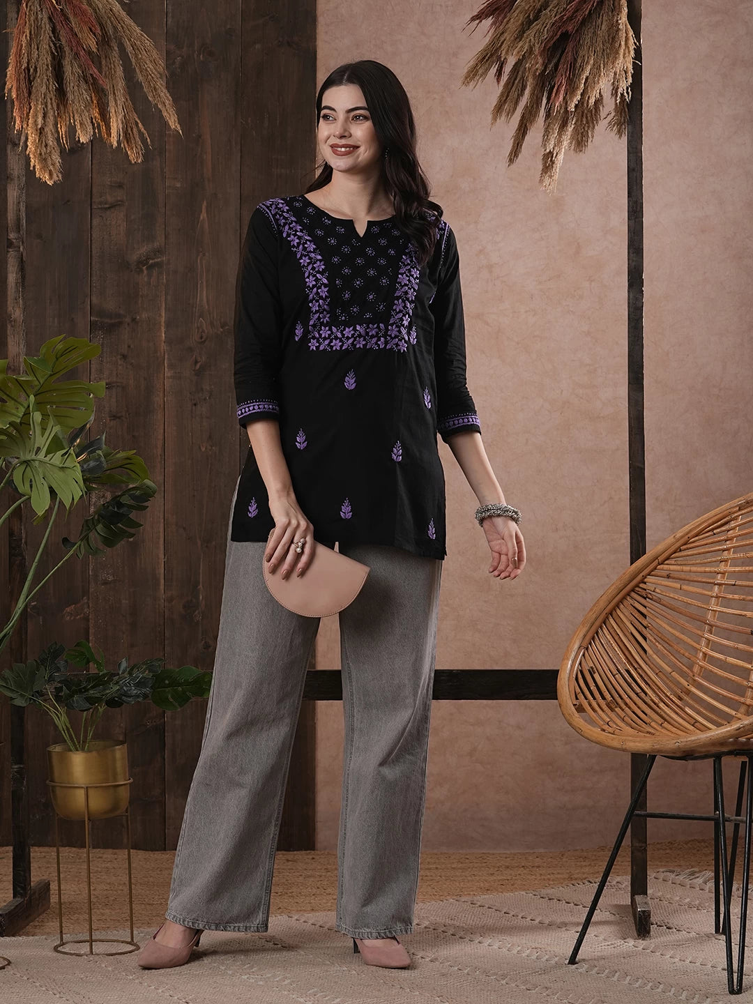 Ada Hand Embroidered Black Cotton Lucknowi Chikankari Straight Kurti A100556