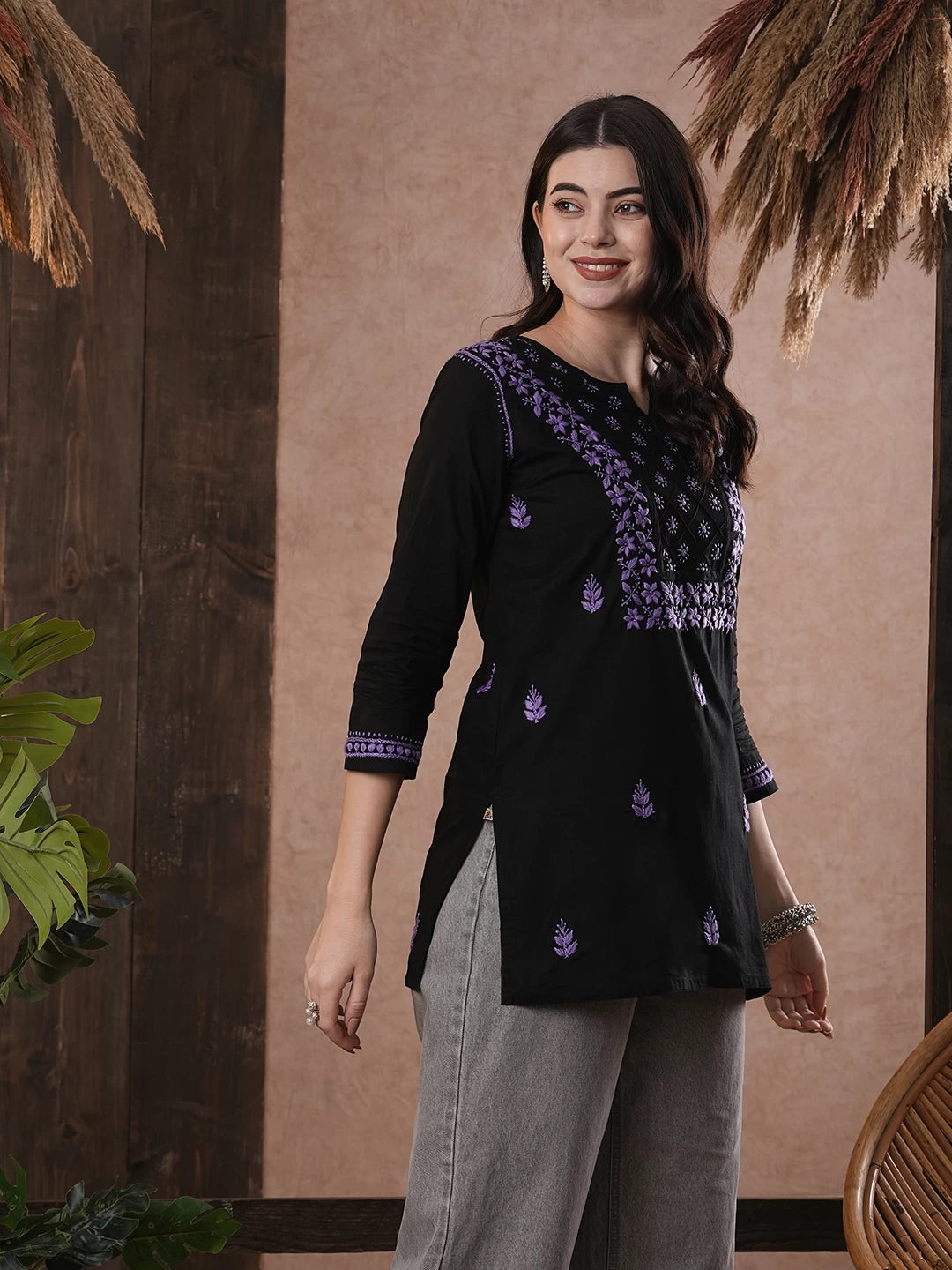 Ada Hand Embroidered Black Cotton Lucknowi Chikankari Straight Kurti A100556