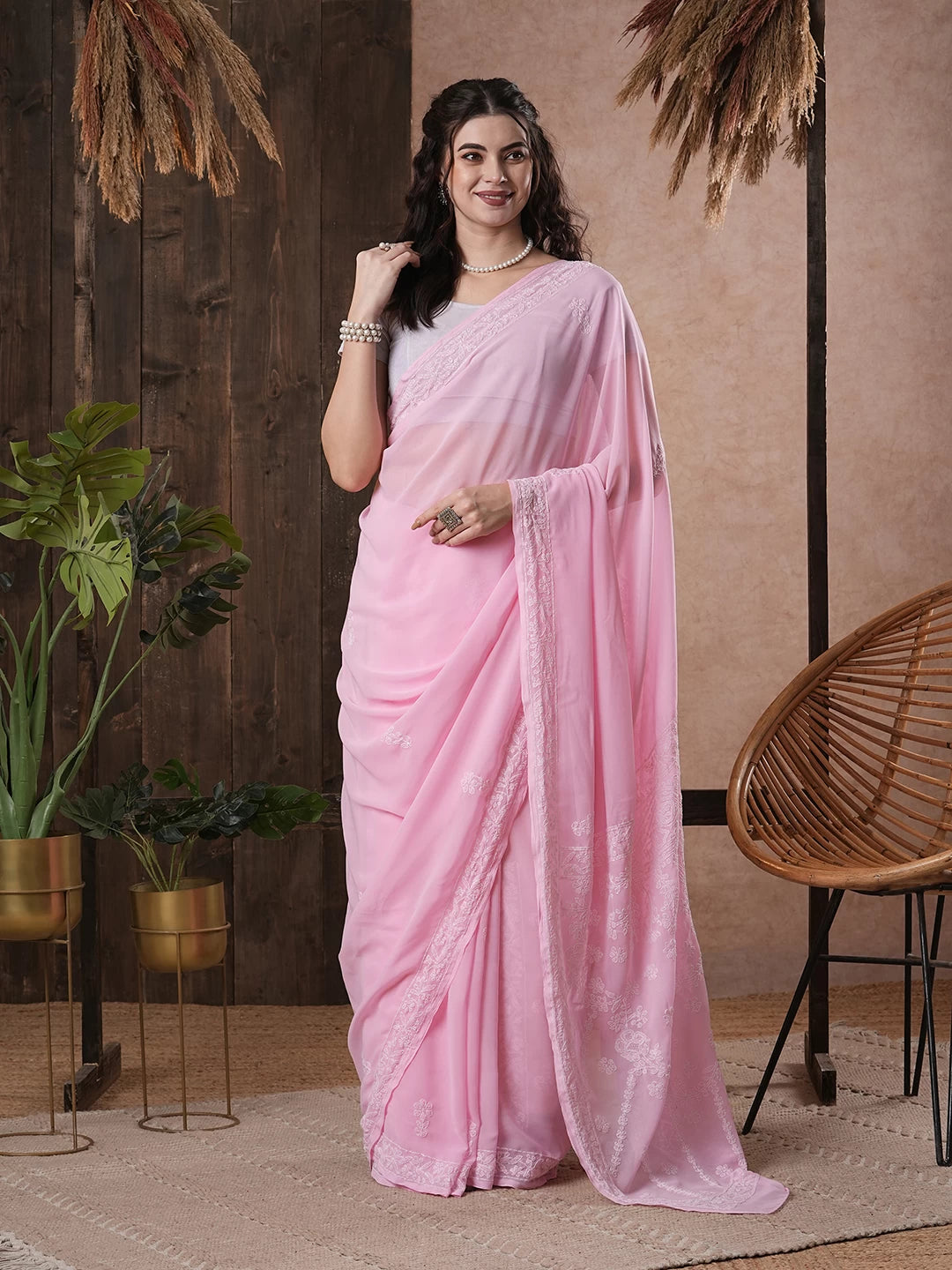 Ada Hand Embroidered Pink Georgette Lucknow Chikan Saree with Blouse A204388