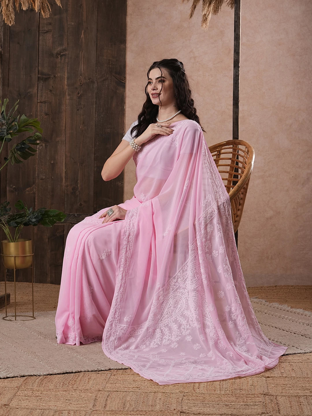 Ada Hand Embroidered Pink Georgette Lucknow Chikan Saree with Blouse A204388