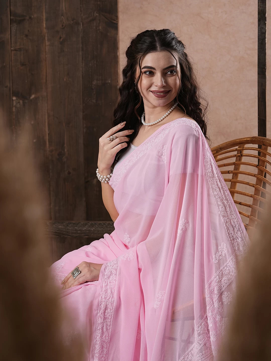 Ada Hand Embroidered Pink Georgette Lucknow Chikan Saree with Blouse A204388