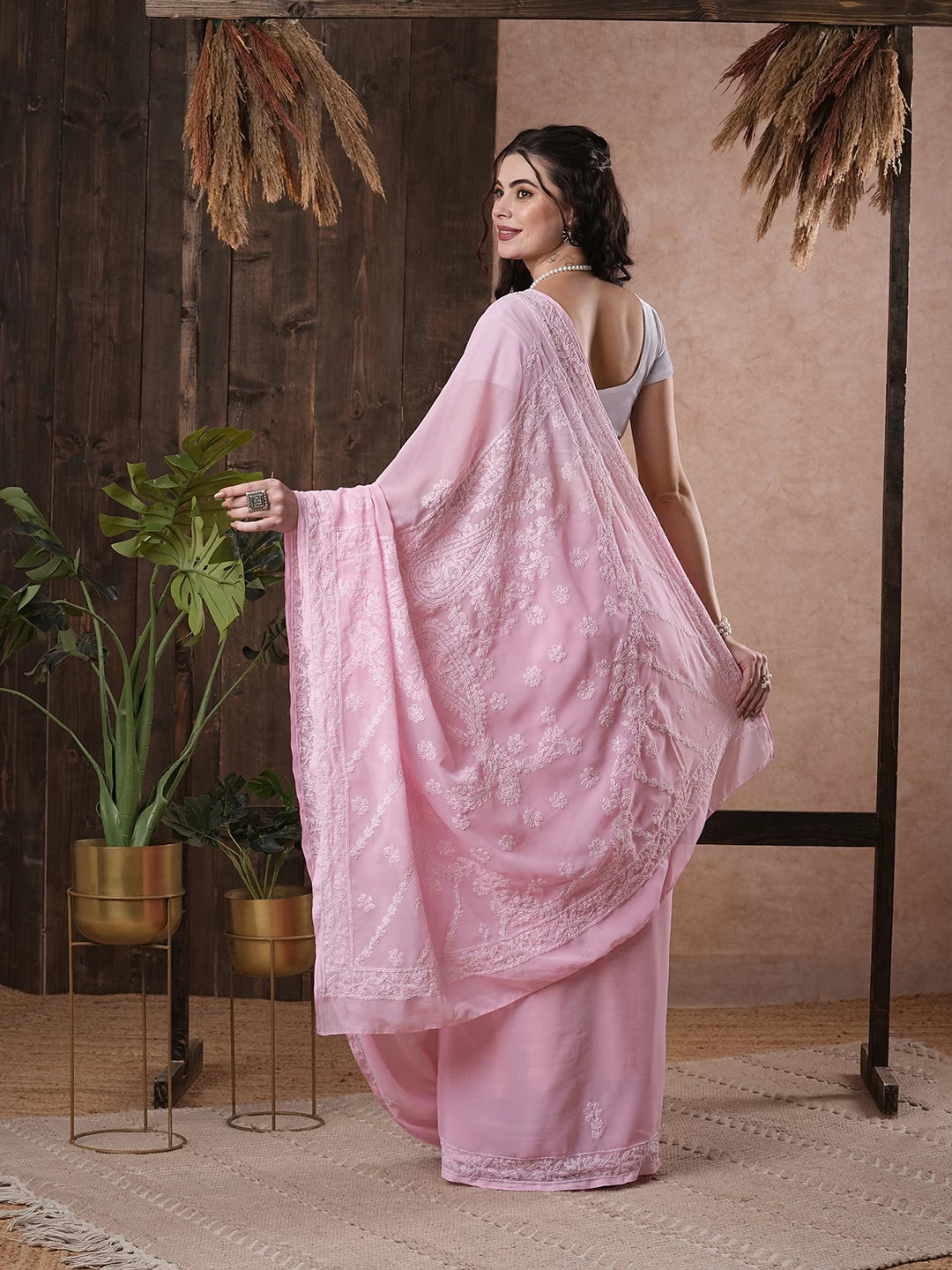 Ada Hand Embroidered Pink Georgette Lucknow Chikan Saree with Blouse A204388