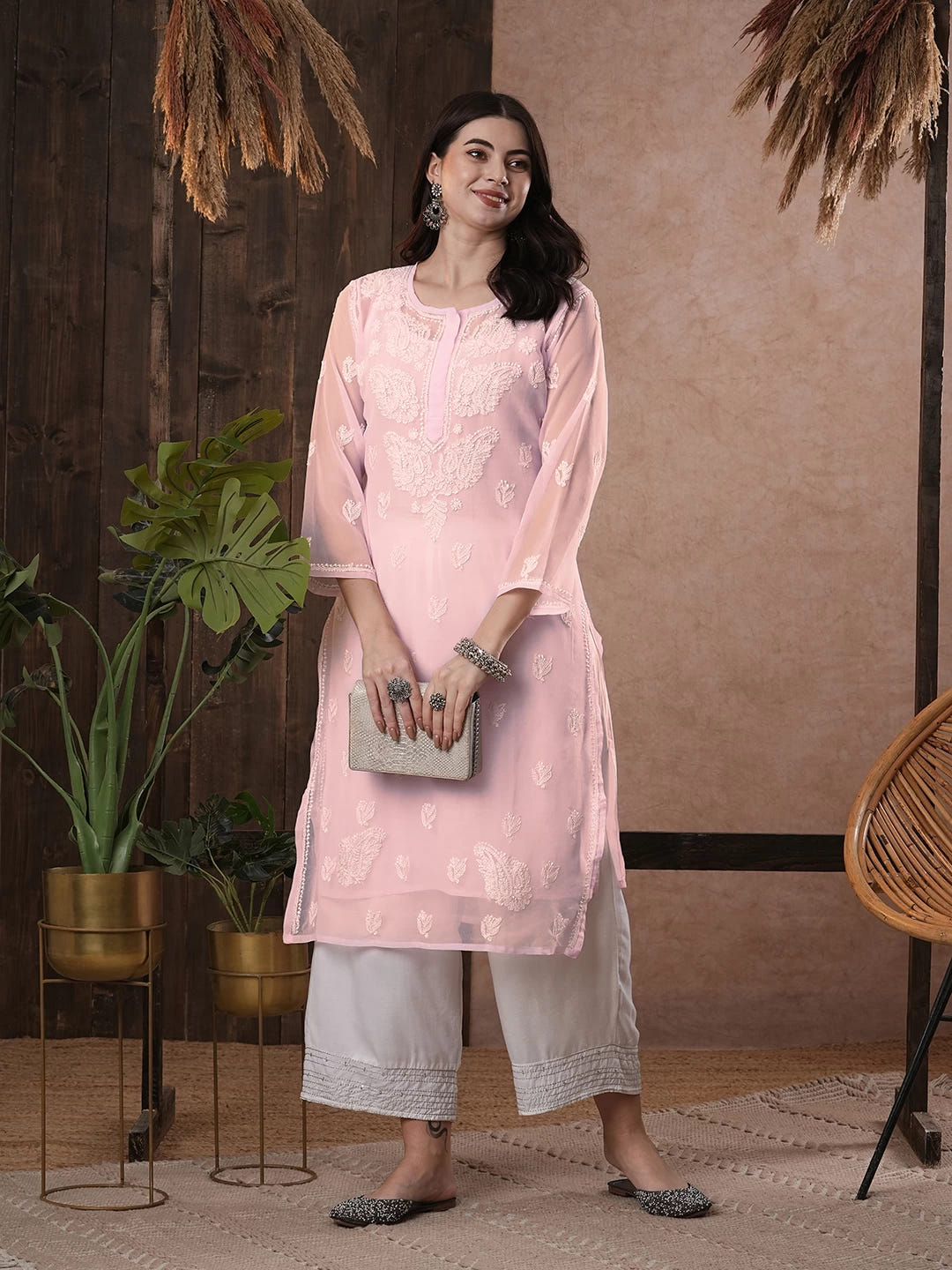 Ada Hand Embroidered Baby Pink Georgette Lucknowi Chikankari Straight Kurta With Slip A411161
