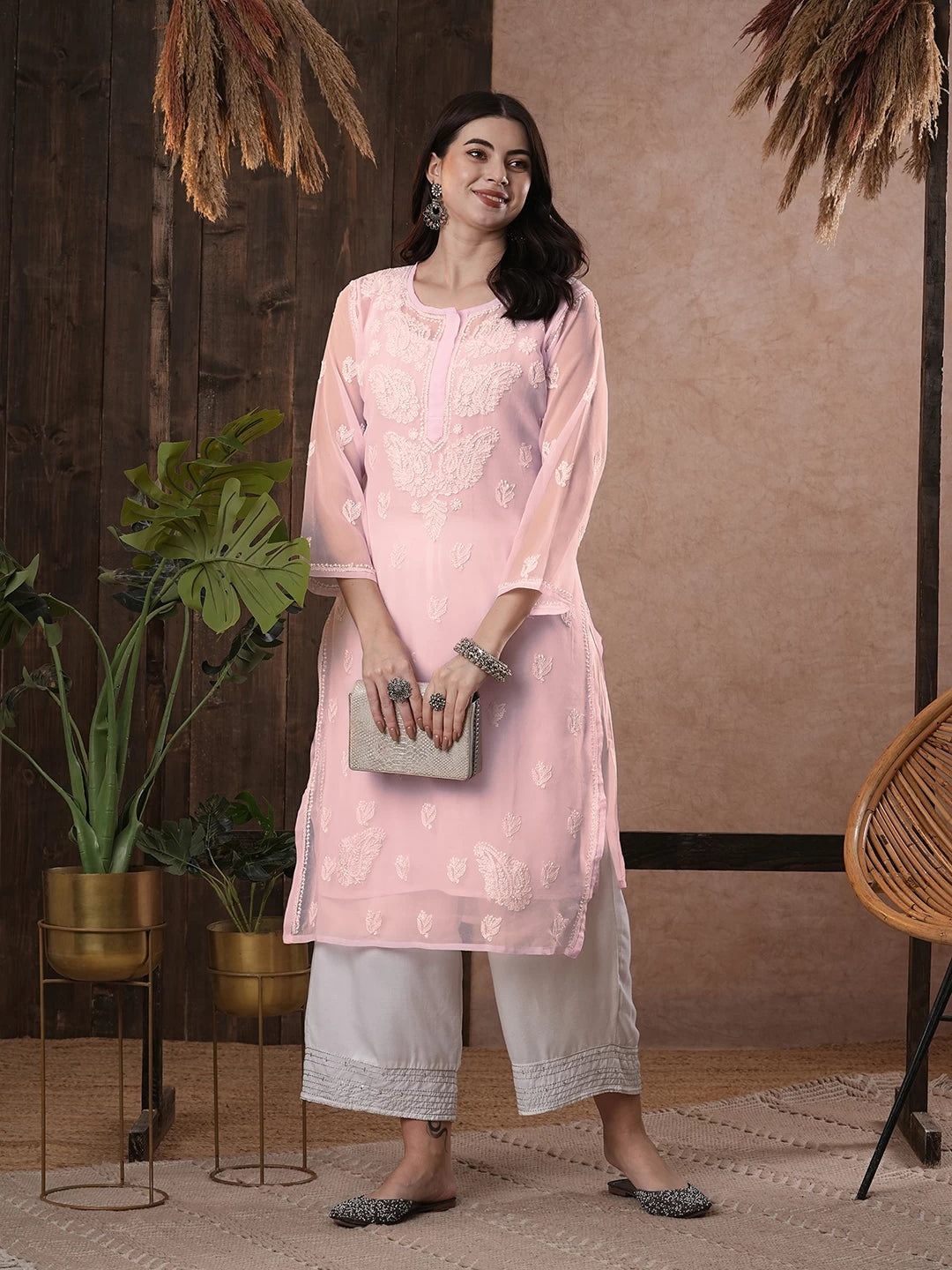 Ada Hand Embroidered Baby Pink Georgette Lucknowi Chikankari Straight Kurta With Slip A411161