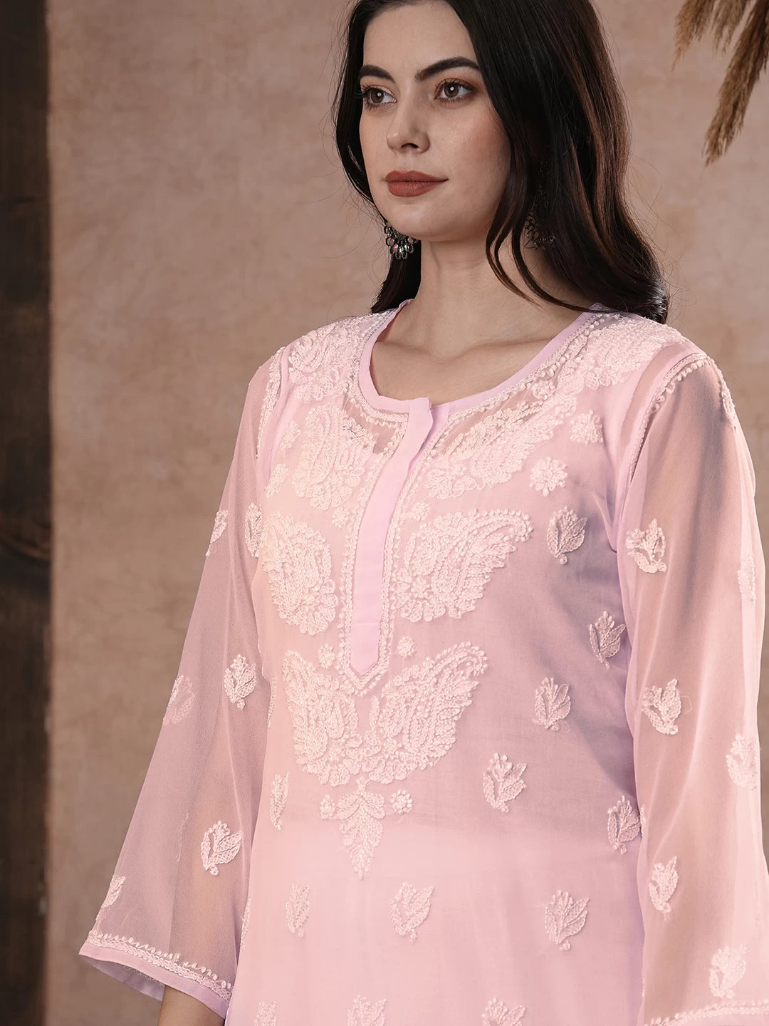 Ada Hand Embroidered Baby Pink Georgette Lucknowi Chikankari Straight Kurta With Slip A411161