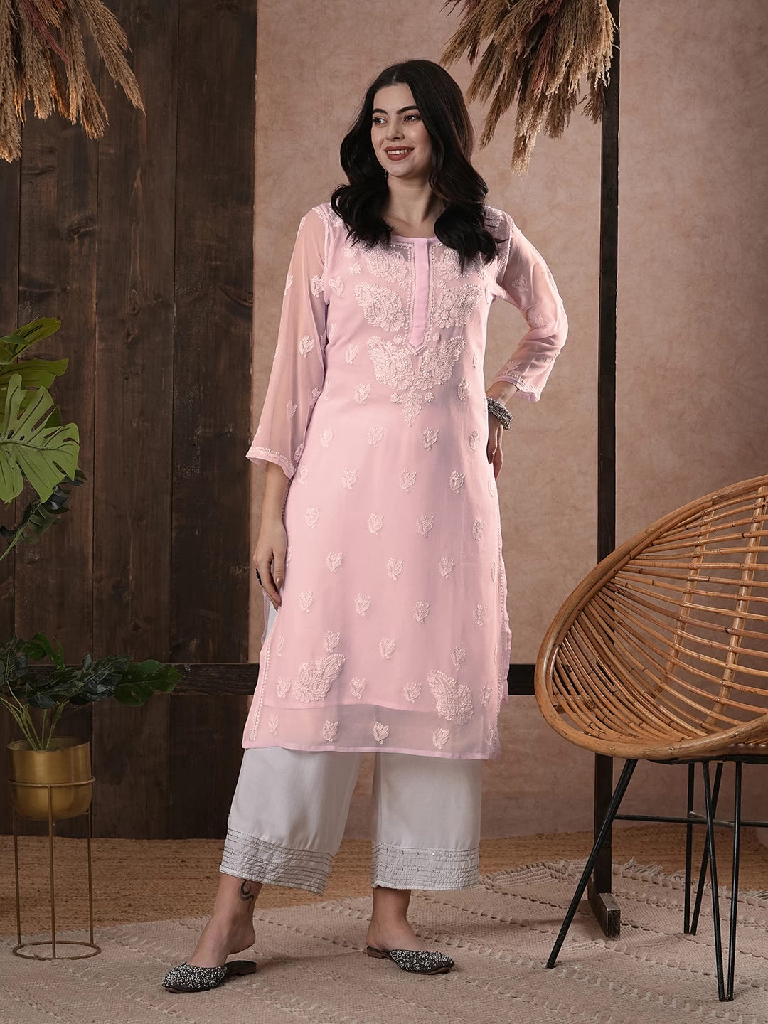 Ada Hand Embroidered Baby Pink Georgette Lucknowi Chikankari Straight Kurta With Slip A411161
