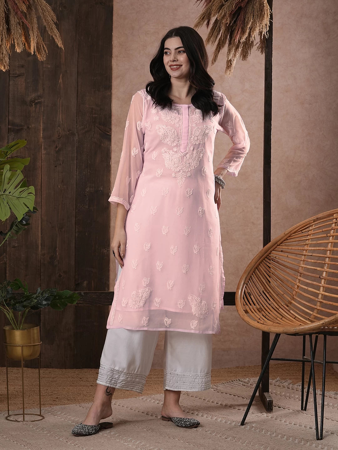 Ada Hand Embroidered Baby Pink Georgette Lucknowi Chikankari Straight Kurta With Slip A411161