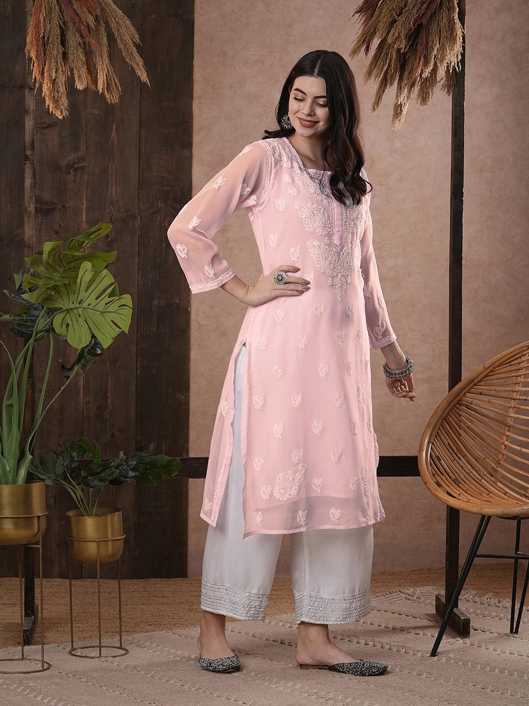 Ada Hand Embroidered Baby Pink Georgette Lucknowi Chikankari Straight Kurta With Slip A411161