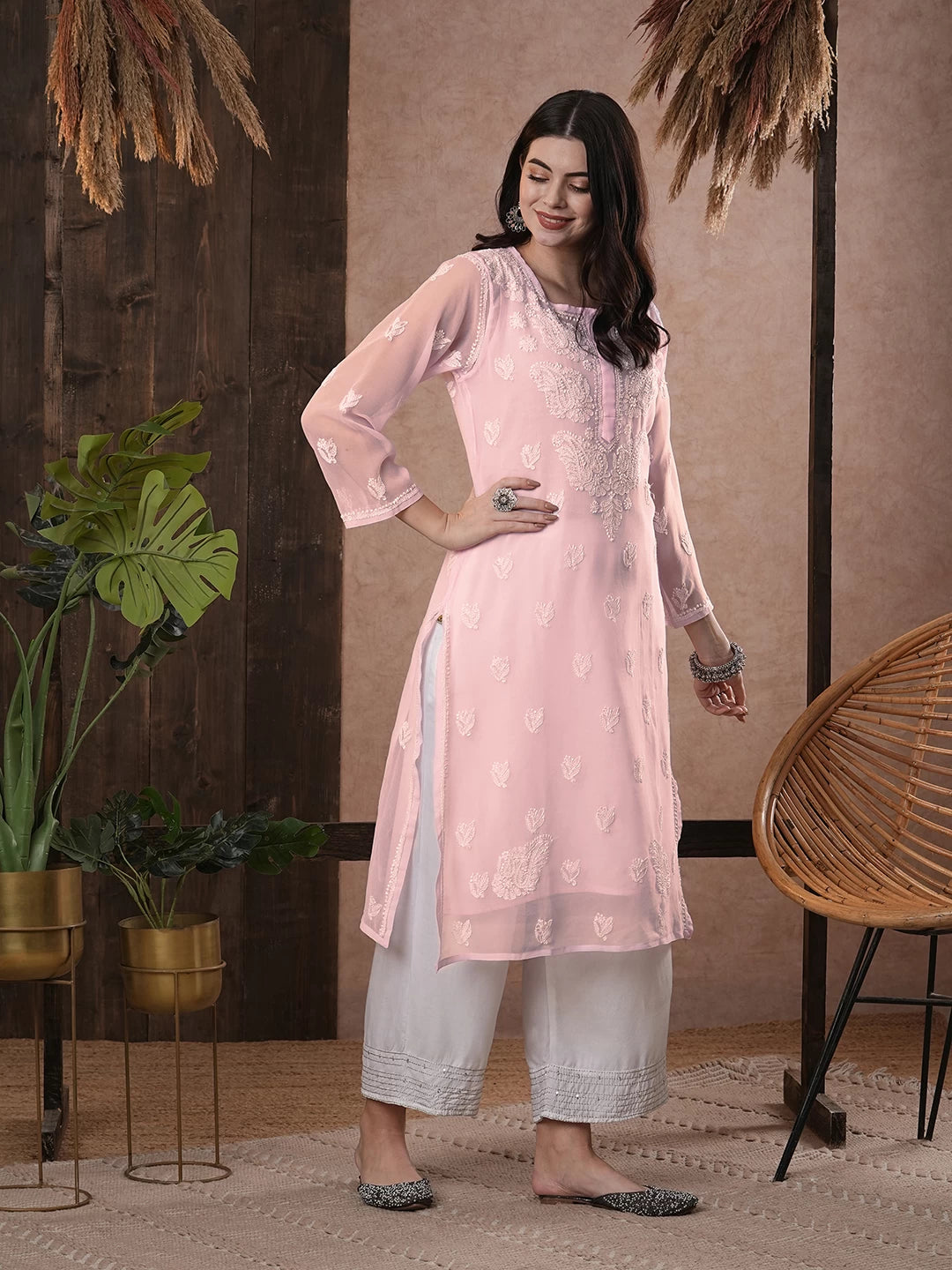 Ada Hand Embroidered Baby Pink Georgette Lucknowi Chikankari Straight Kurta With Slip A411161