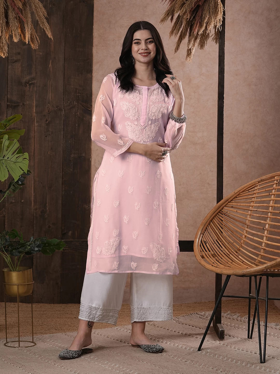 Ada Hand Embroidered Baby Pink Georgette Lucknowi Chikankari Straight Kurta With Slip A411161
