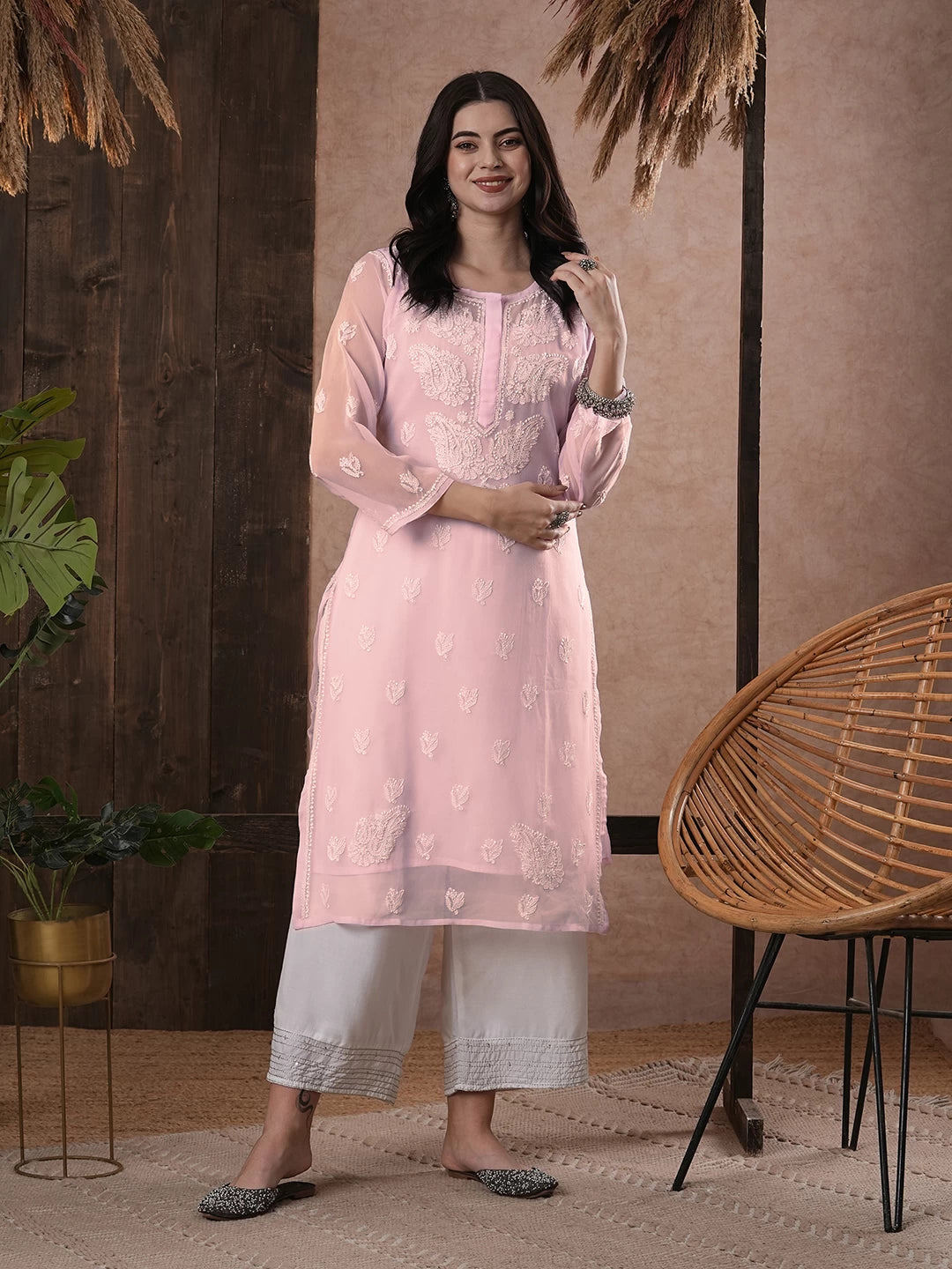 Ada Hand Embroidered Baby Pink Georgette Lucknowi Chikankari Straight Kurta With Slip A411161