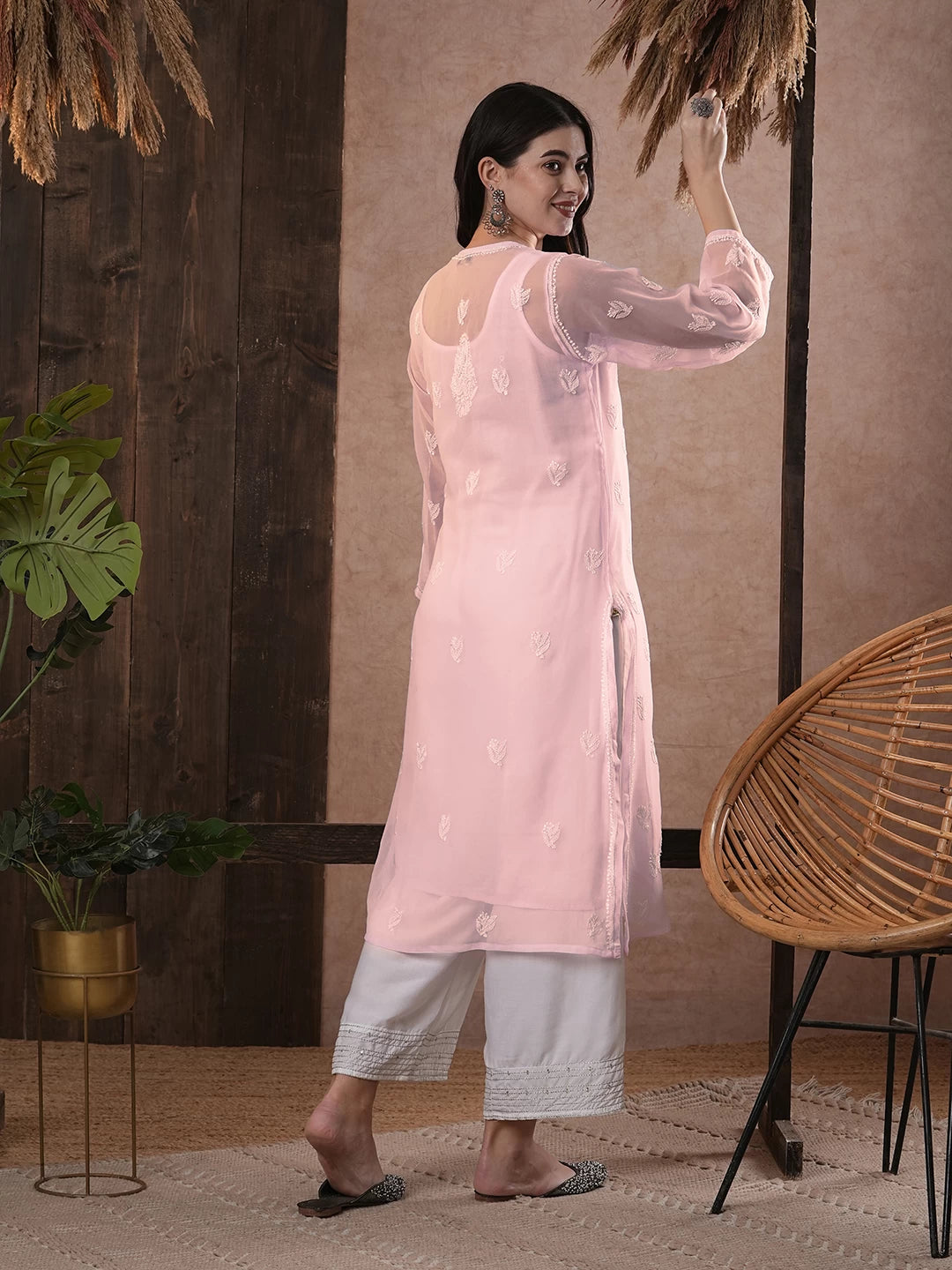 Ada Hand Embroidered Baby Pink Georgette Lucknowi Chikankari Straight Kurta With Slip A411161