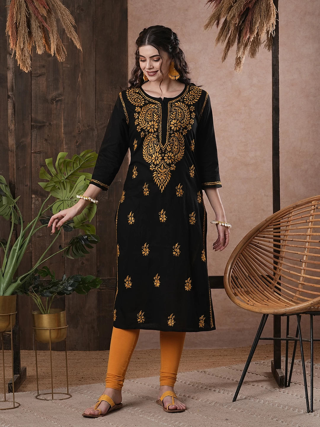 Ada Hand Embroidered Black Cotton Lucknowi Chikankari Straight Kurta A411191