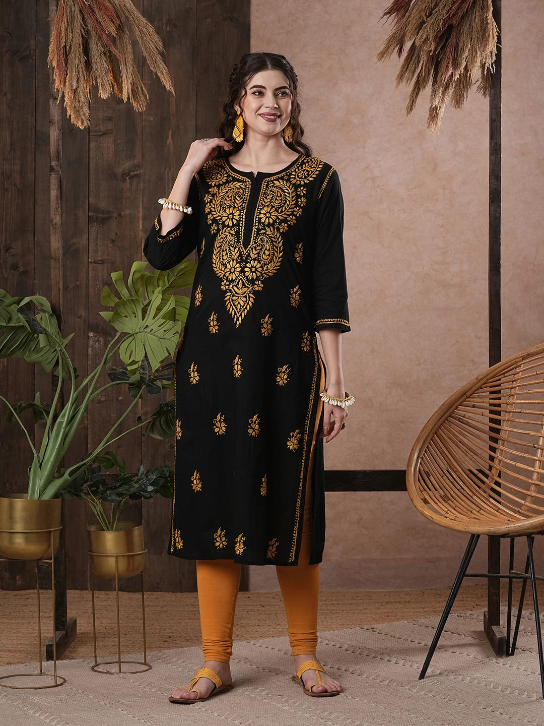 Ada Hand Embroidered Black Cotton Lucknowi Chikankari Straight Kurta A411191