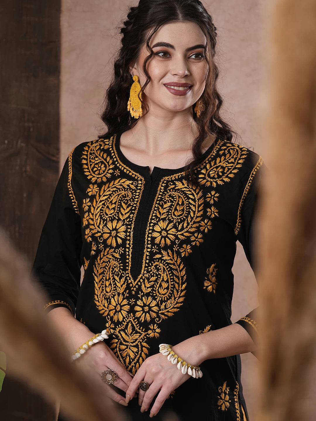 Ada Hand Embroidered Black Cotton Lucknowi Chikankari Straight Kurta A411191
