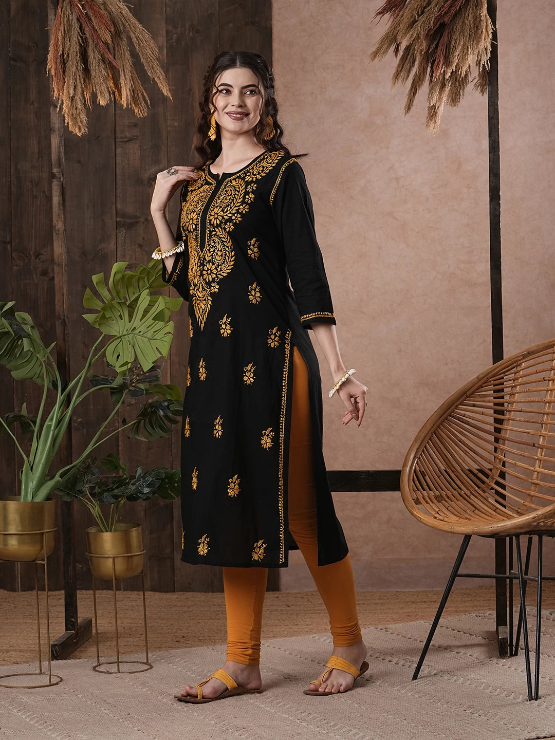 Ada Hand Embroidered Black Cotton Lucknowi Chikankari Straight Kurta A411191