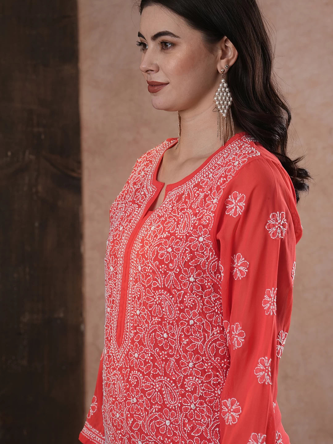 Ada Hand Embroidered Brick Red Georgette Lucknowi Chikankari Straight Kurta A100287