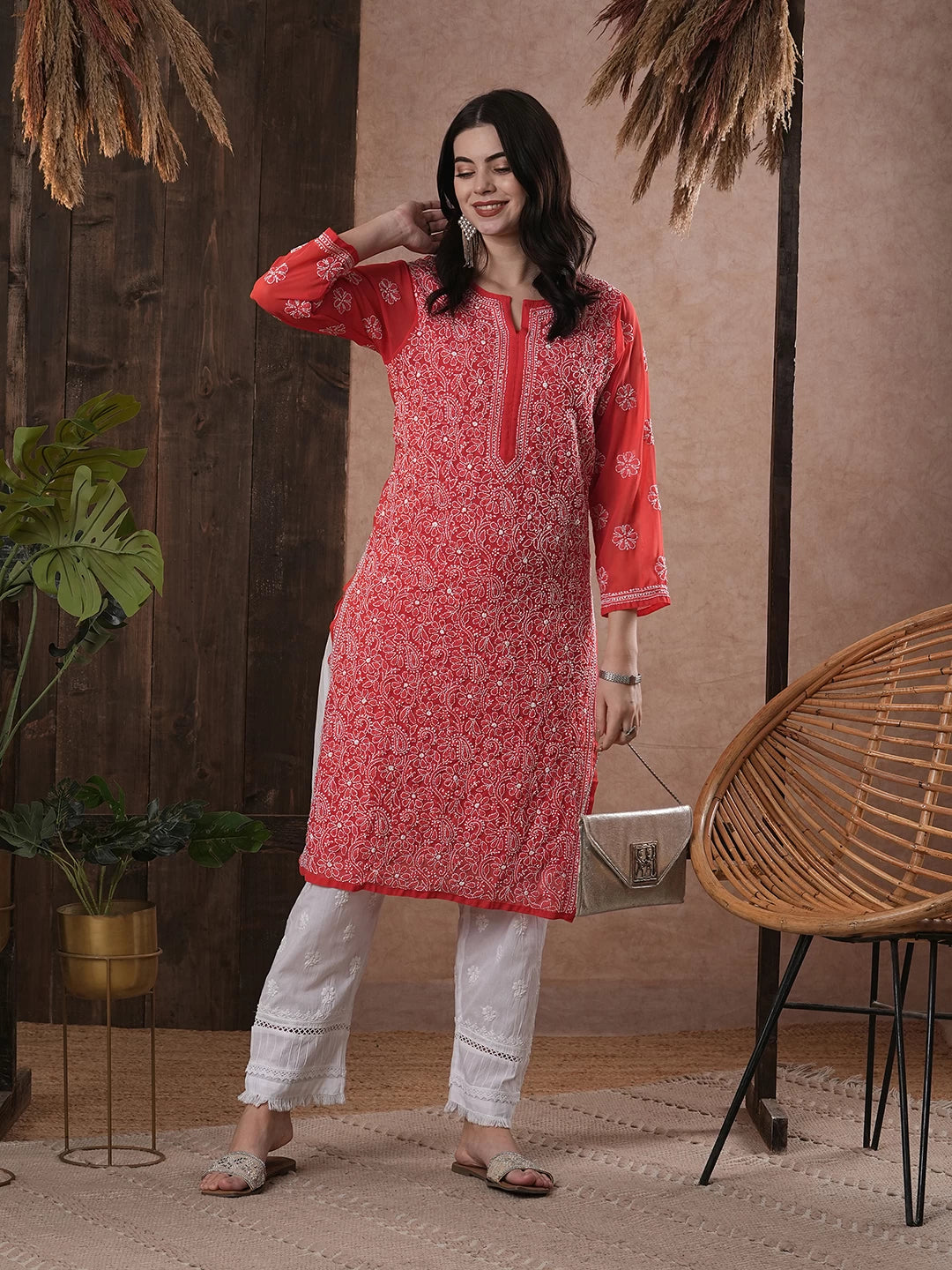 Ada Hand Embroidered Brick Red Georgette Lucknowi Chikankari Straight Kurta A100287
