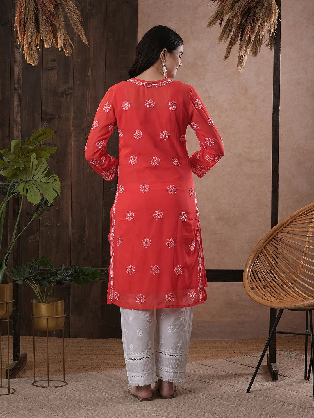 Ada Hand Embroidered Brick Red Georgette Lucknowi Chikankari Straight Kurta A100287