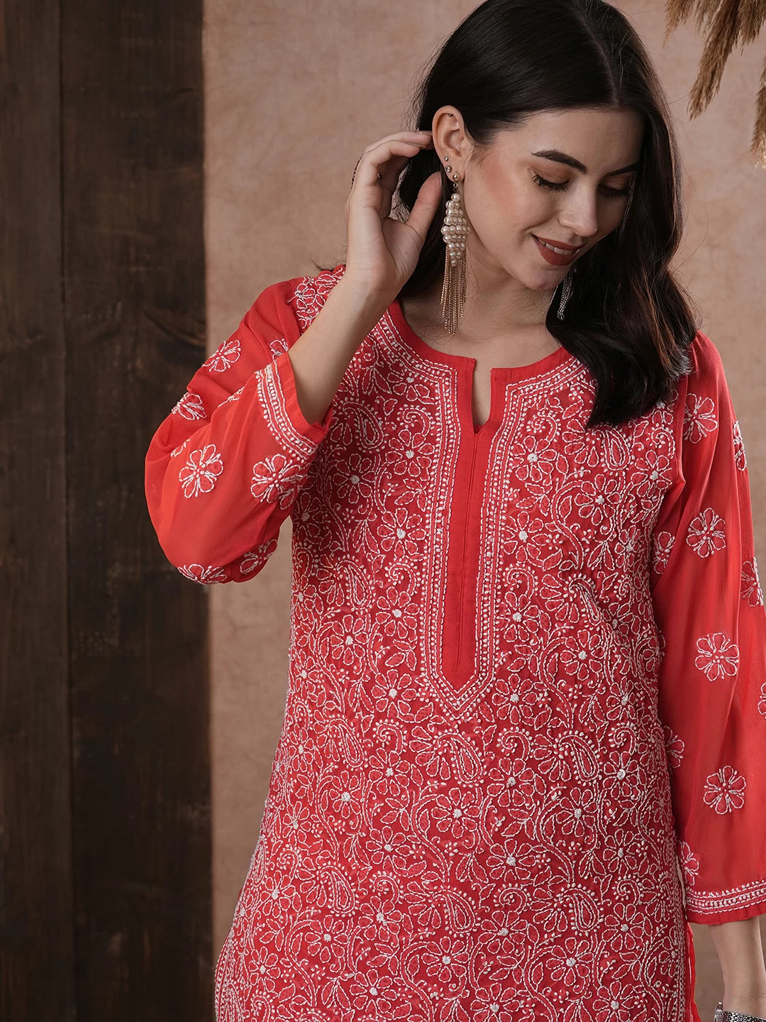 Ada Hand Embroidered Brick Red Georgette Lucknowi Chikankari Straight Kurta A100287