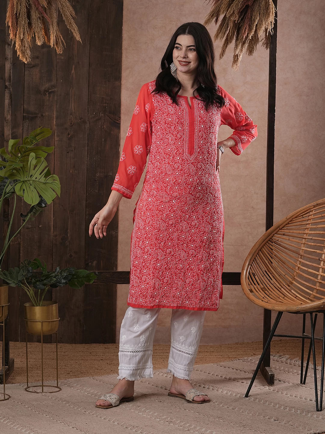 Ada Hand Embroidered Brick Red Georgette Lucknowi Chikankari Straight Kurta A100287