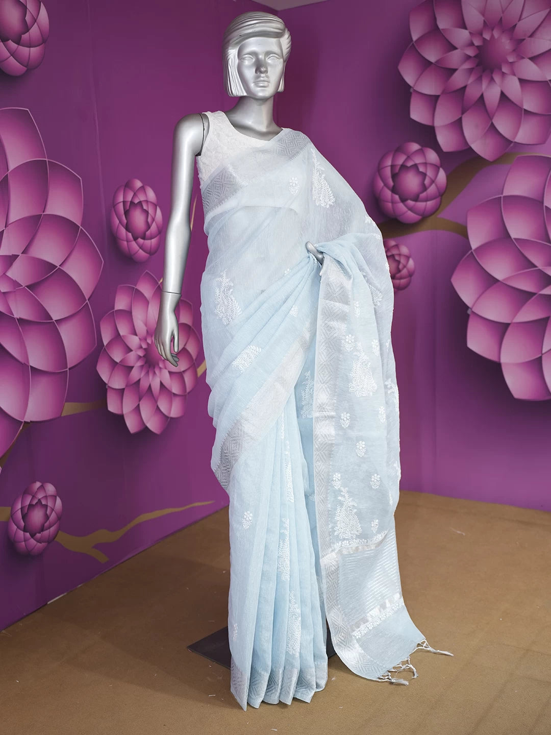 Ada Hand Embroidered Powder Blue Tissue Lucknowi Chikankari Saree With Blouse 01A526555
