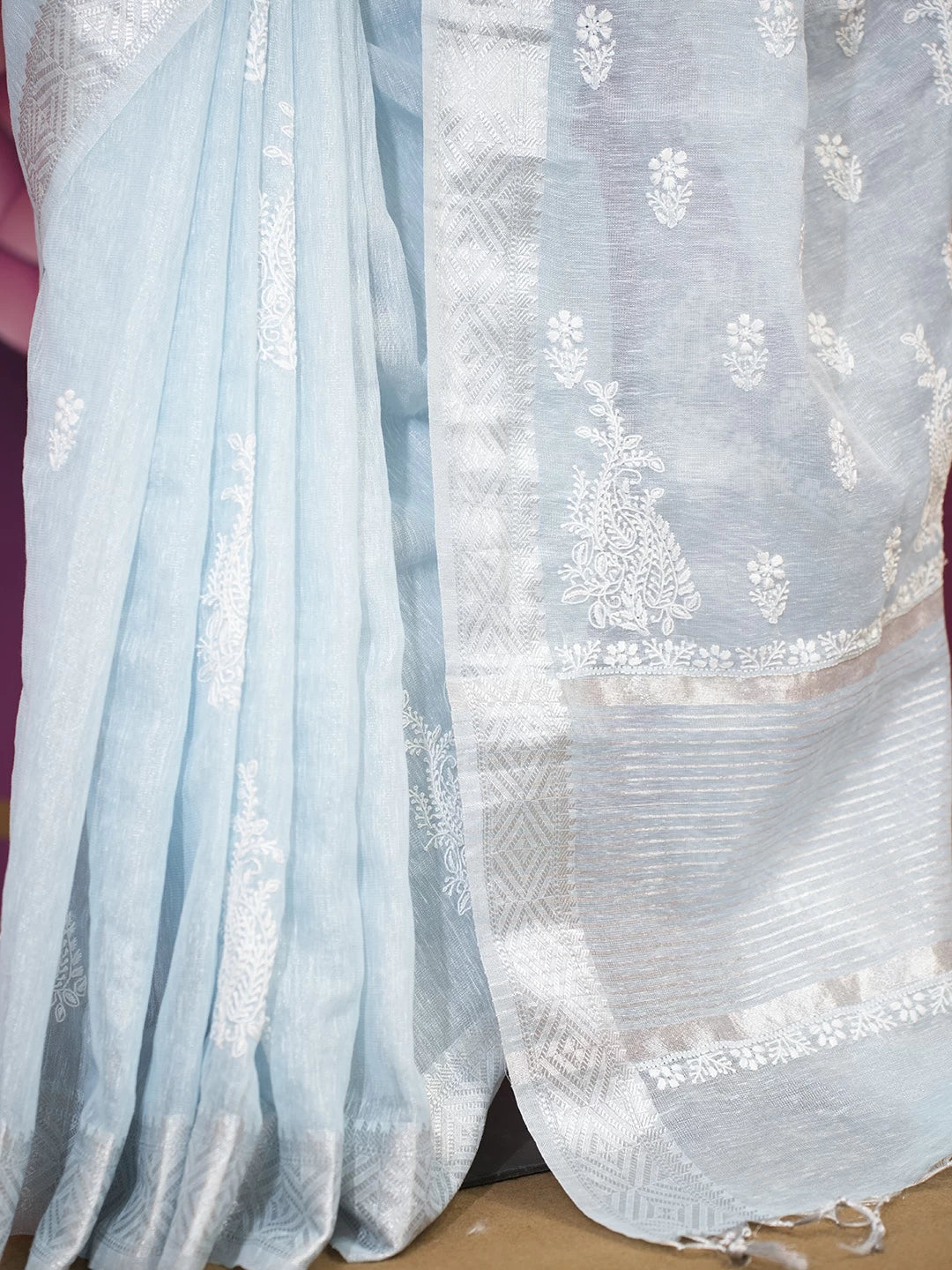 Ada Hand Embroidered Powder Blue Tissue Lucknowi Chikankari Saree With Blouse 01A526555