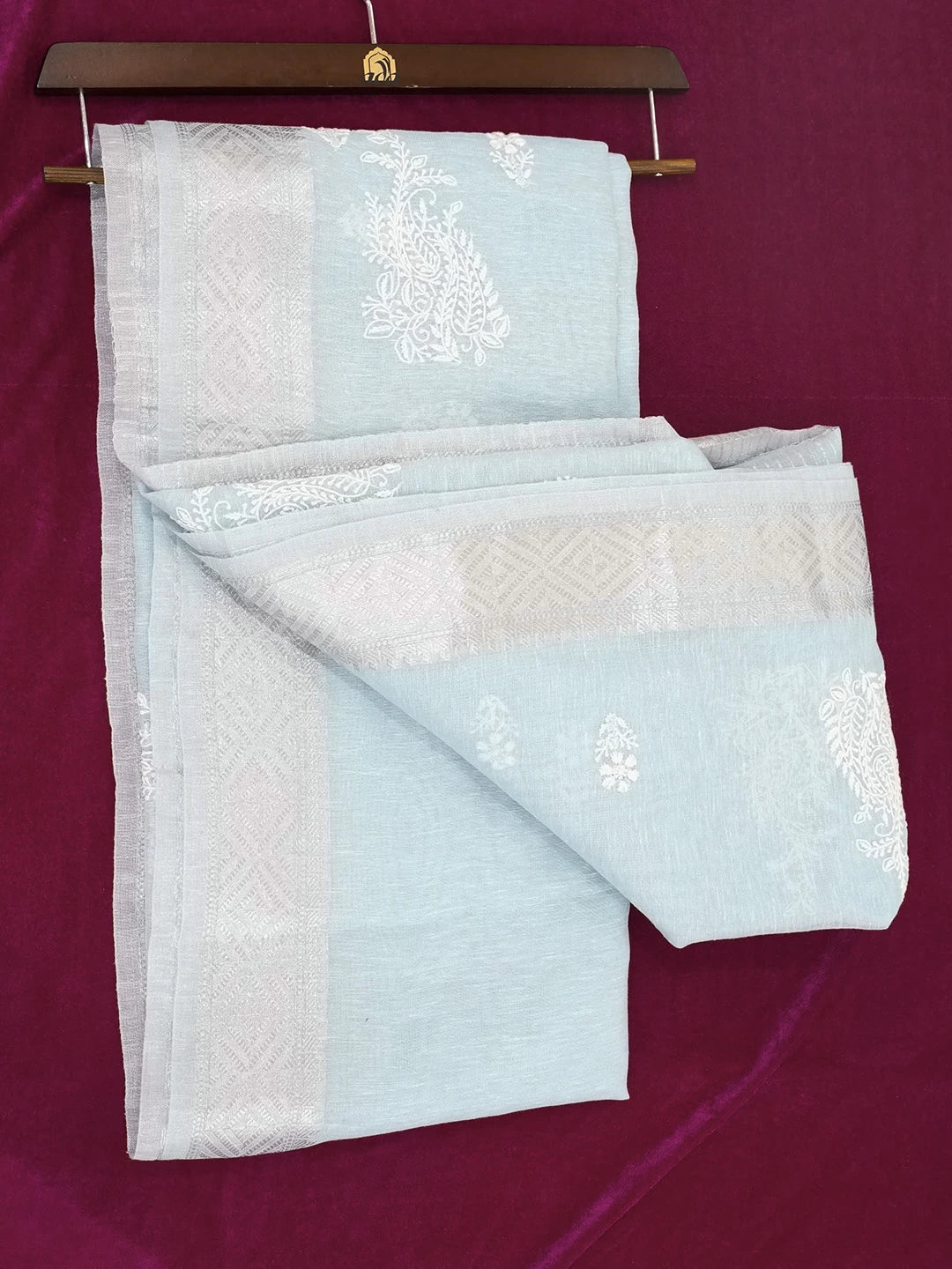 Ada Hand Embroidered Powder Blue Tissue Lucknowi Chikankari Saree With Blouse 01A526555