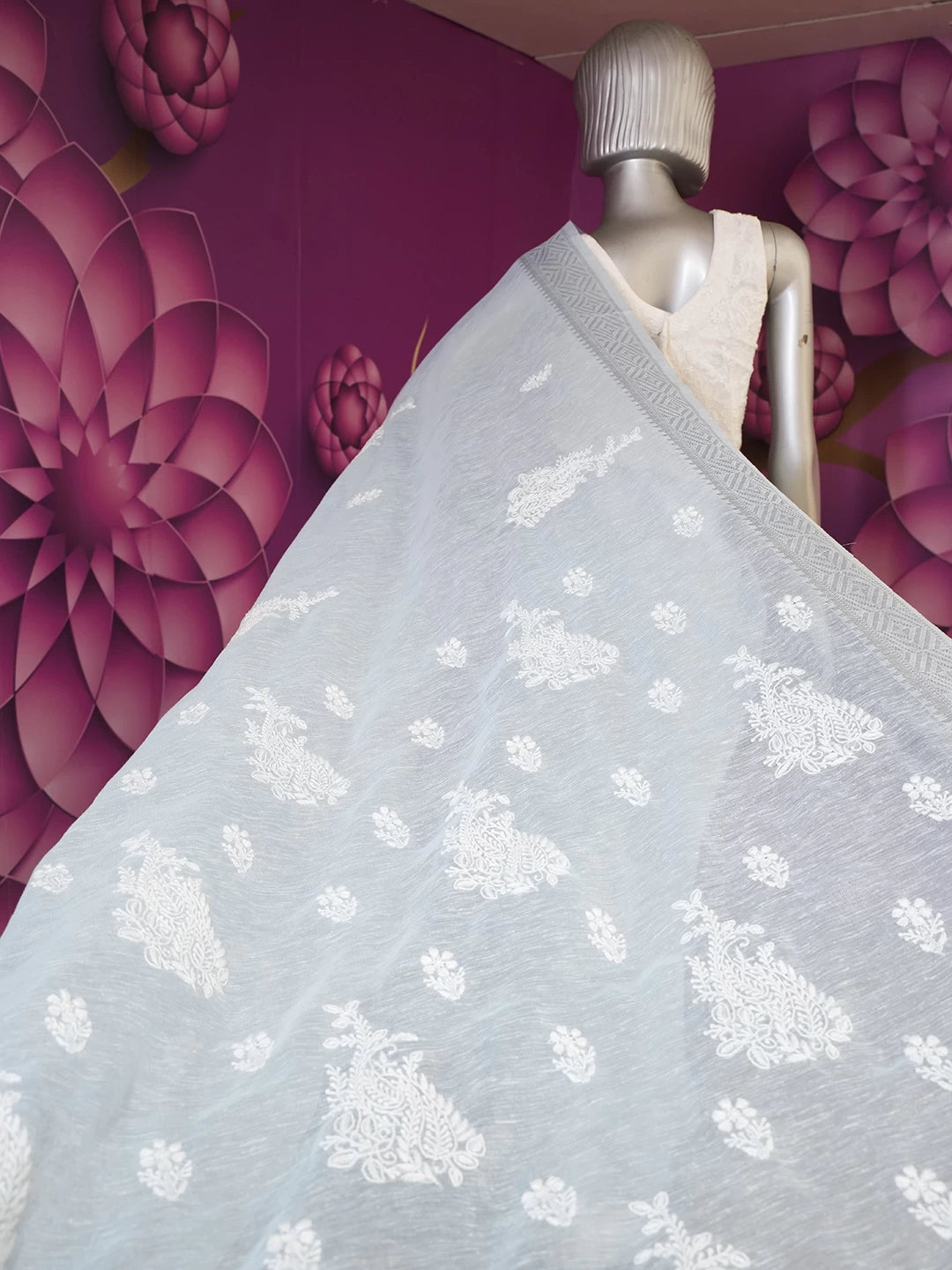 Ada Hand Embroidered Powder Blue Tissue Lucknowi Chikankari Saree With Blouse 01A526555