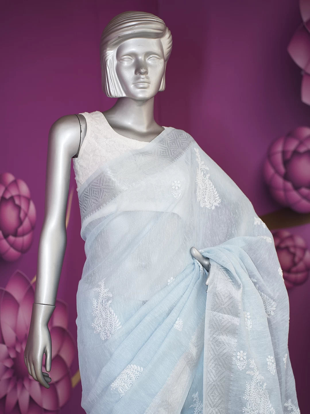 Ada Hand Embroidered Powder Blue Tissue Lucknowi Chikankari Saree With Blouse 01A526555