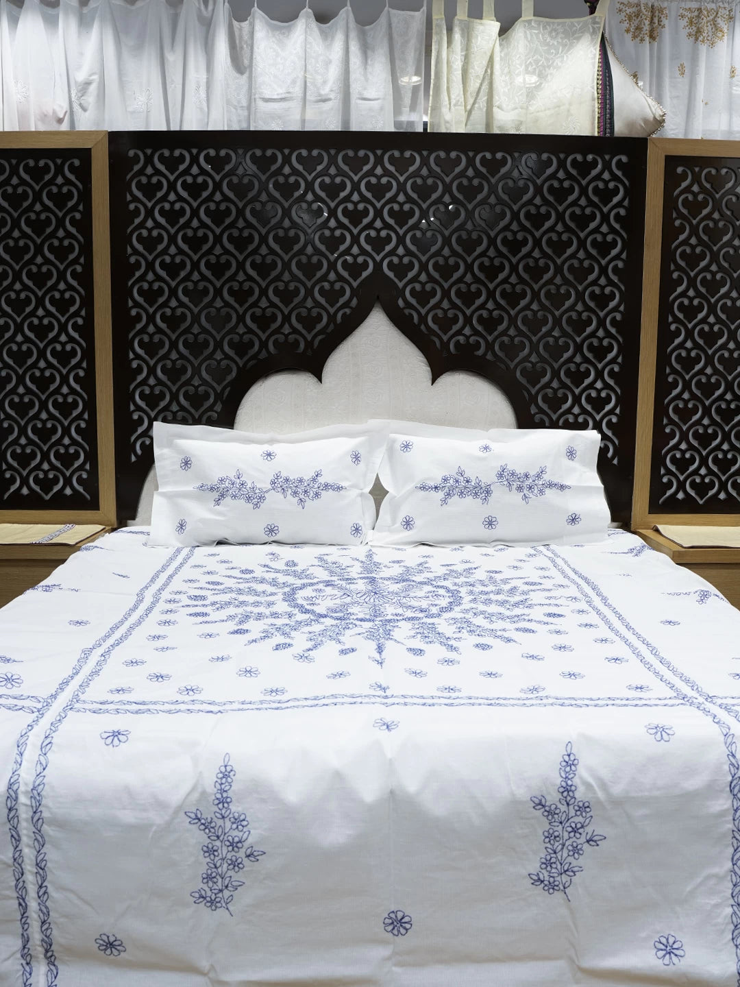 Ada Hand Embroidered White Cotton Lucknowi Chikankari Bed Sheet With Pillow And Cushion Cover Set 01A534137