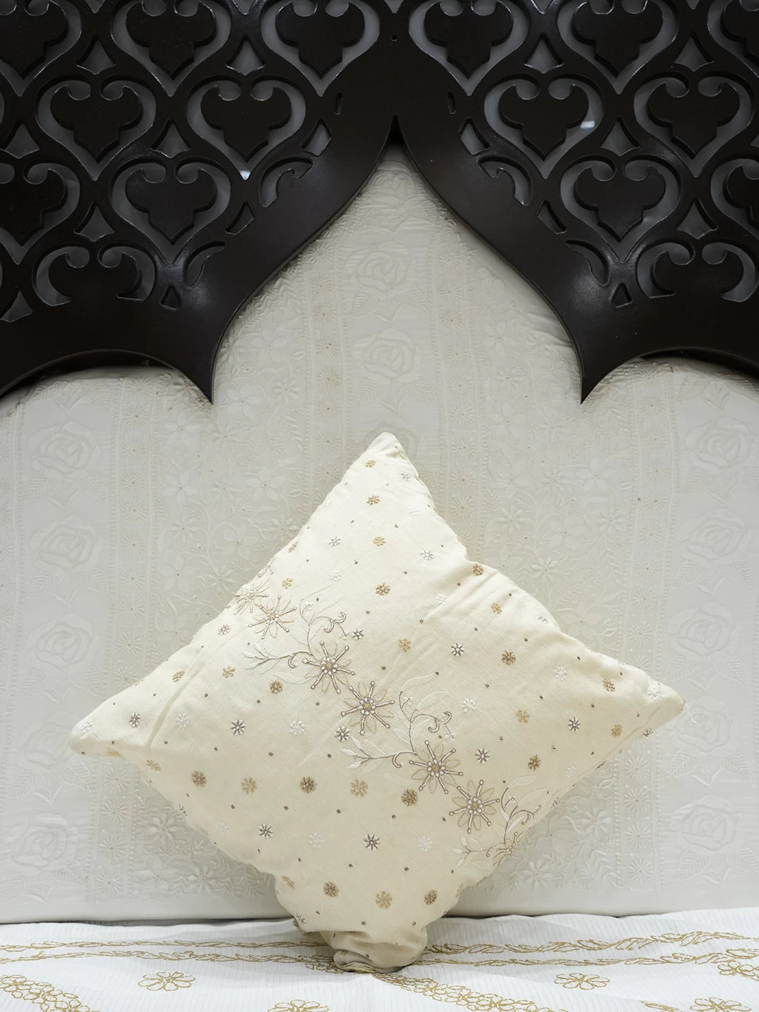 Ada Hand Embroidered Fawn Silk Lucknowi Chikankari Cushion Cover With Zari Work 01A108236
