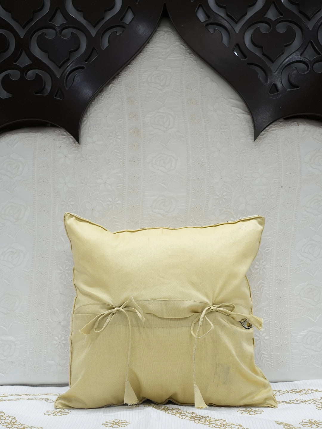 Ada Hand Embroidered Fawn Silk Lucknowi Chikankari Cushion Cover With Zari Work 01A108236