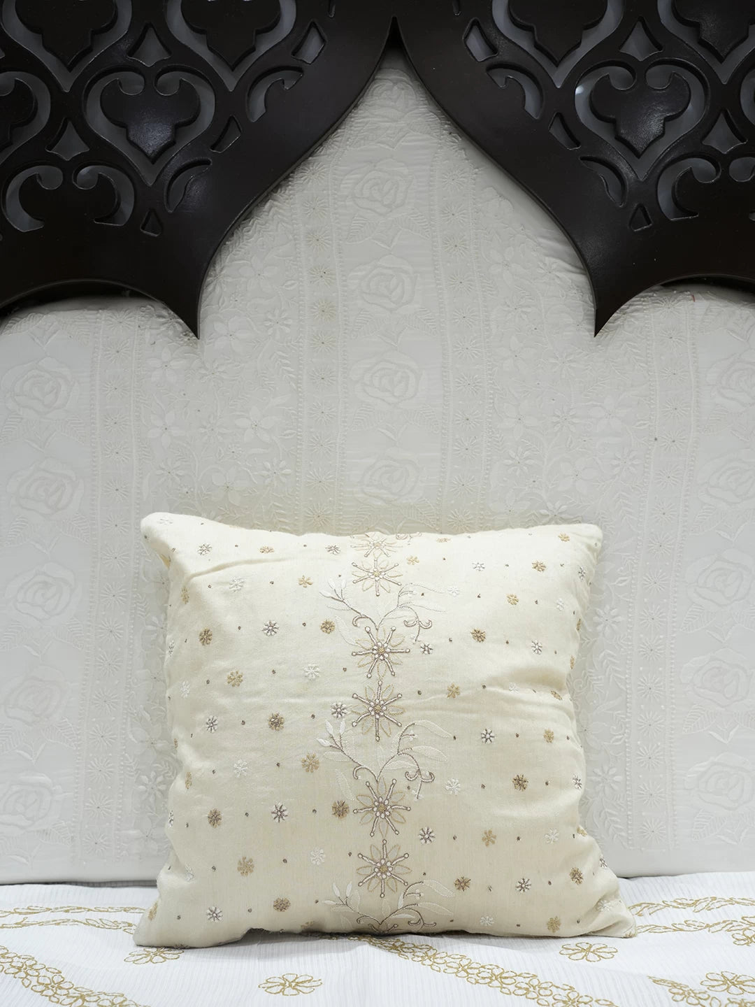 Ada Hand Embroidered Fawn Silk Lucknowi Chikankari Cushion Cover With Zari Work 01A108236