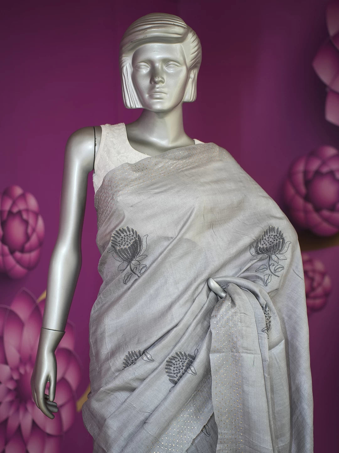 Ada Hand Embroidered Grey Silk Lucknowi Chikankari Saree /Blouse With Muqaish Work01A523872