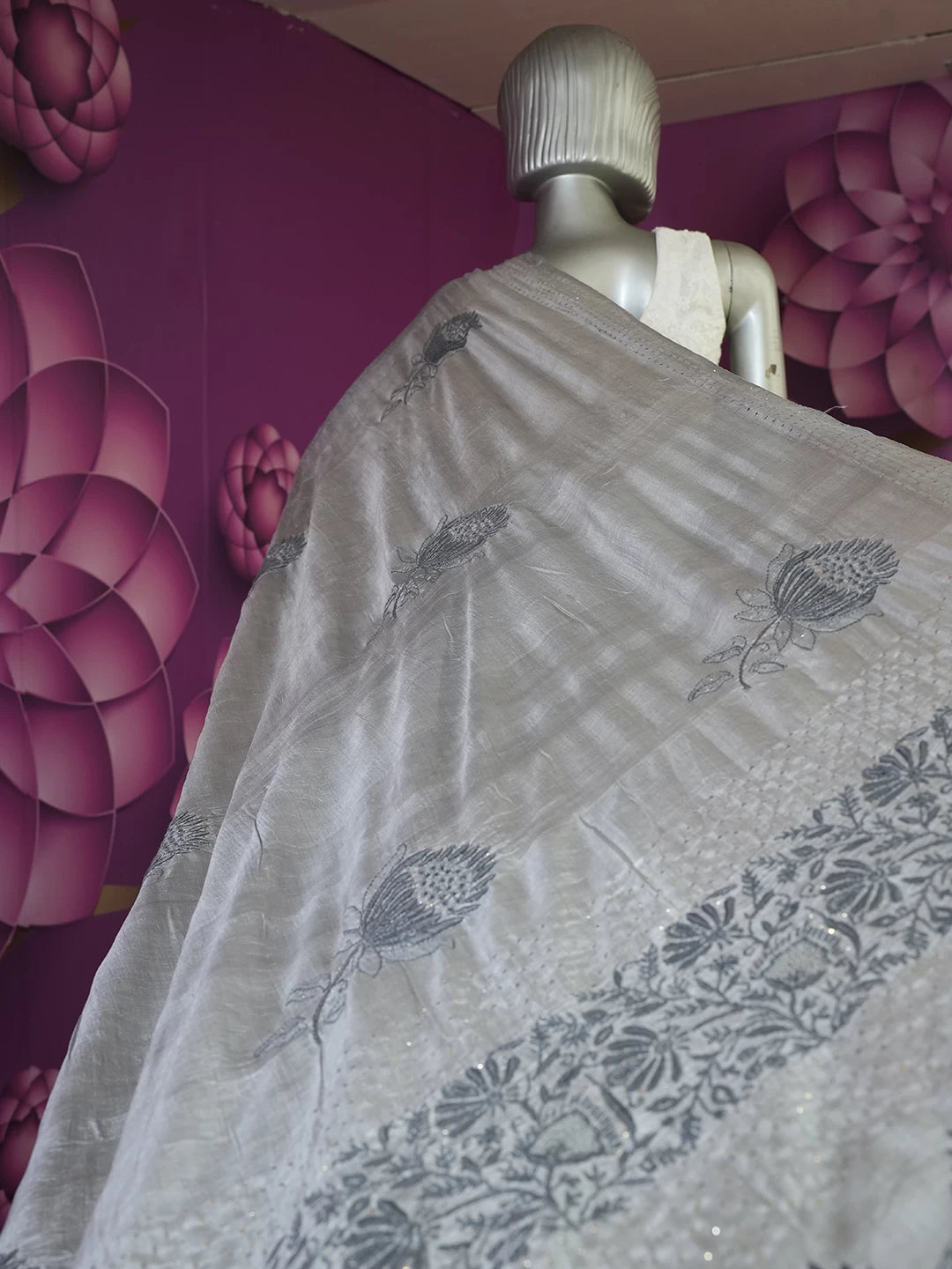 Ada Hand Embroidered Grey Silk Lucknowi Chikankari Saree /Blouse With Muqaish Work01A523872