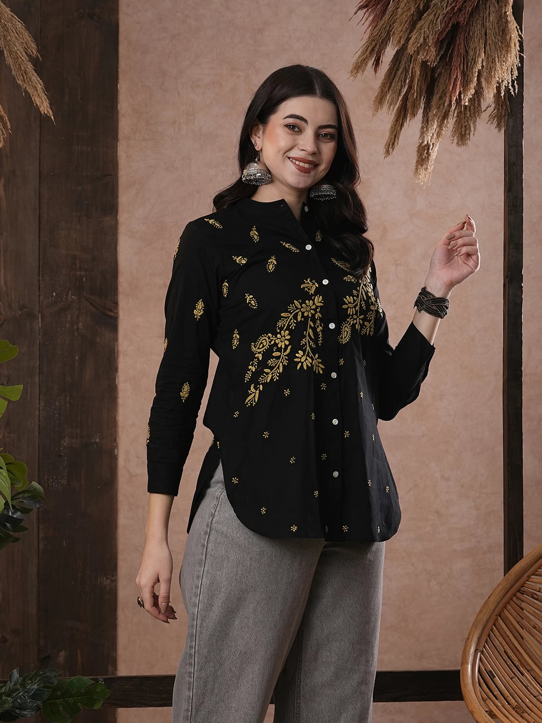 Ada Hand Embroidered Black Cotton Lucknowi Chikankari Shirt A911392
