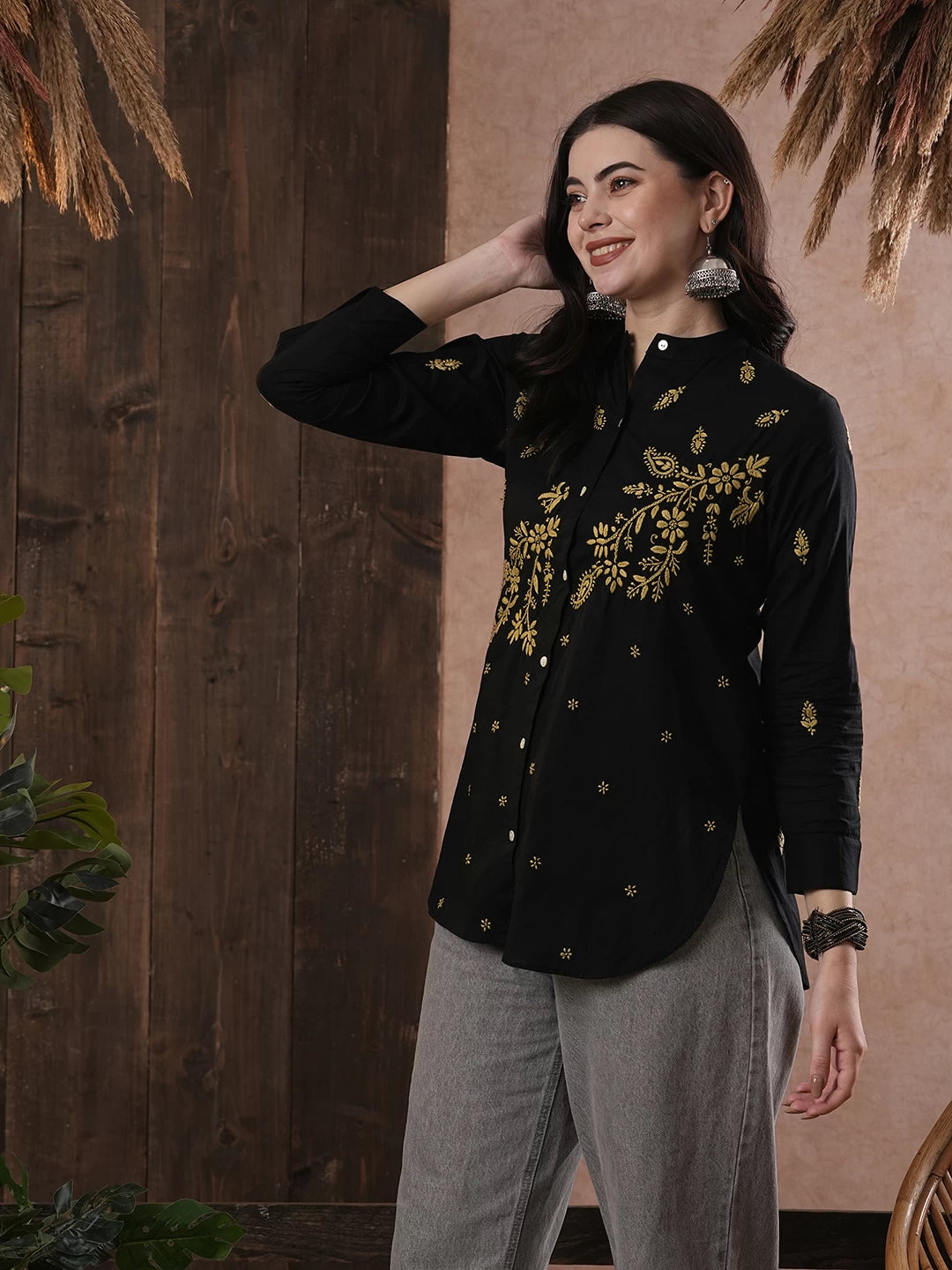 Ada Hand Embroidered Black Cotton Lucknowi Chikankari Shirt A911392