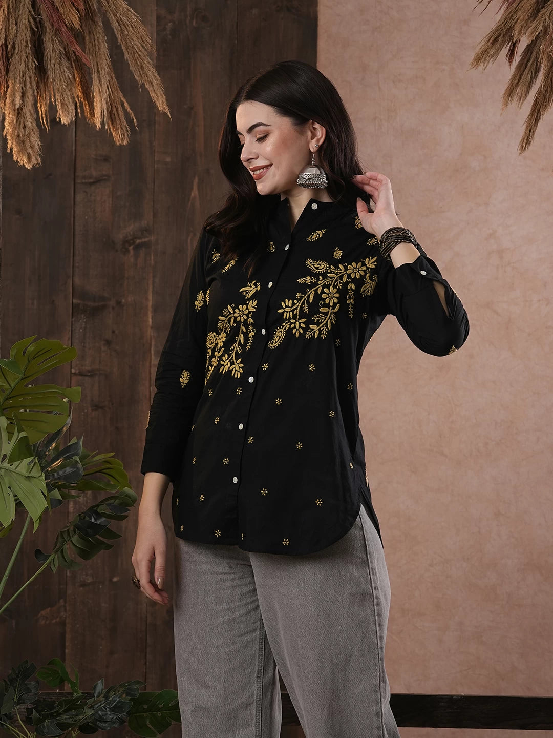 Ada Hand Embroidered Black Cotton Lucknowi Chikankari Shirt A911392