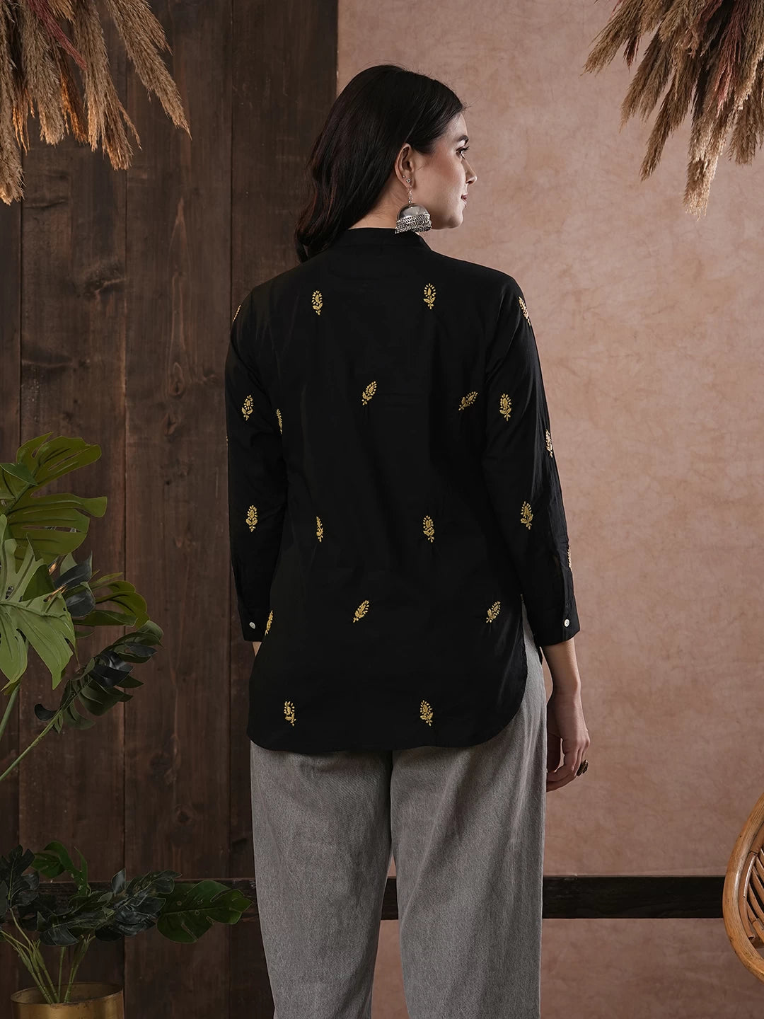 Ada Hand Embroidered Black Cotton Lucknowi Chikankari Shirt A911392
