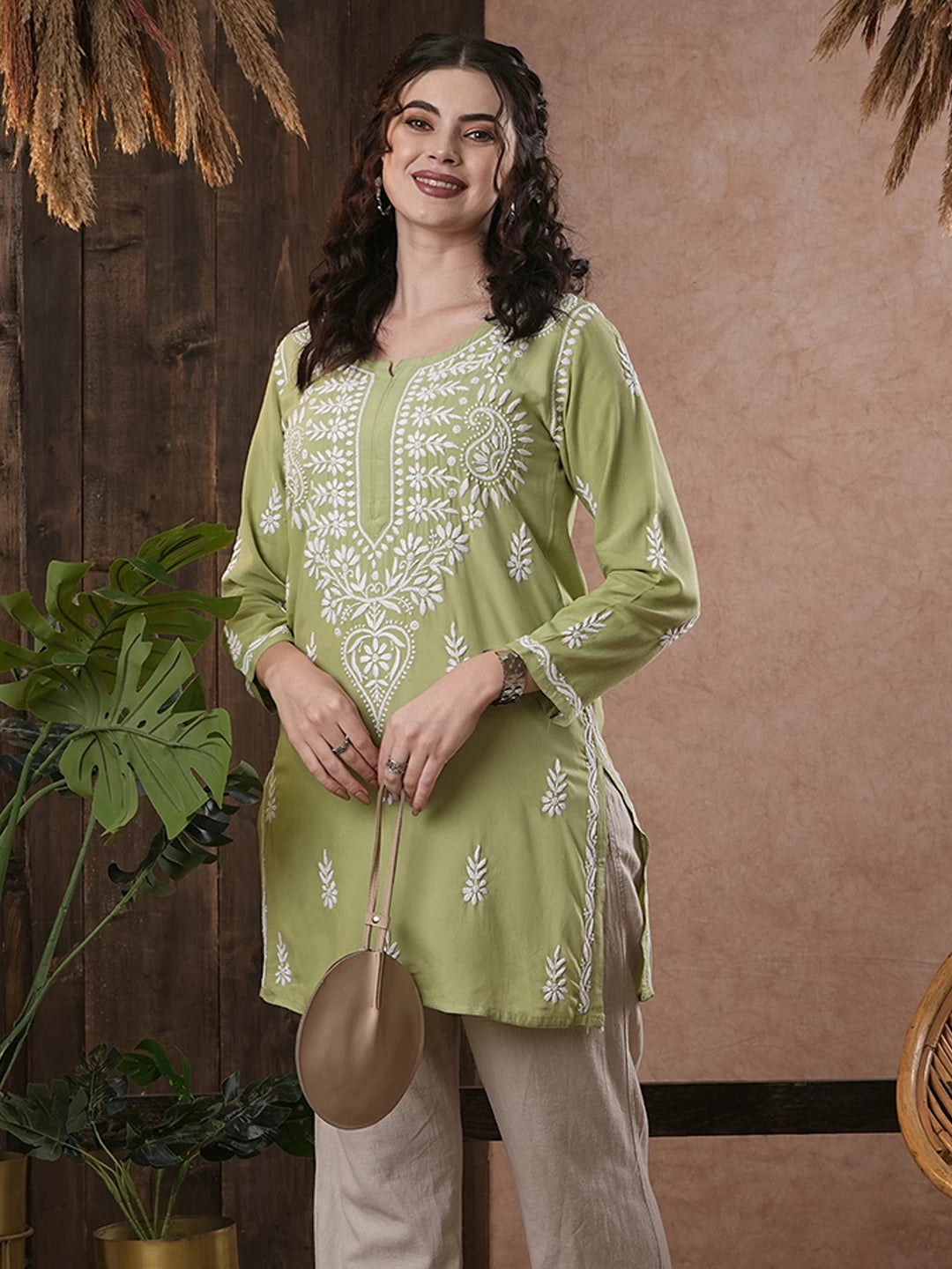 Ada Hand Embroidered Green Rayon Lucknowi Chikankari Short Kurti A911393